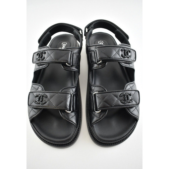 Chanel Black Leather Quilted Chain CC Logo Mule Slide Strap Flat Dad Sandal 36 - Picture 7 of 9